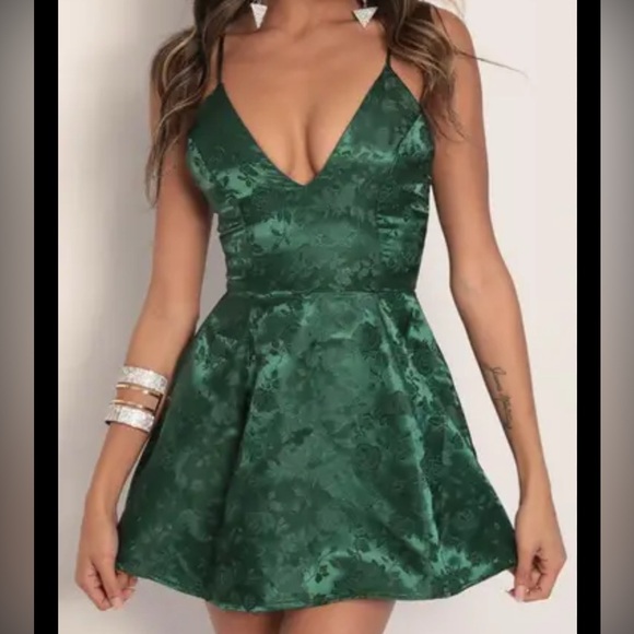 Lucy in the Sky Emerald Green Rose Detail Satin A-Line Dress - Picture 1 of 6